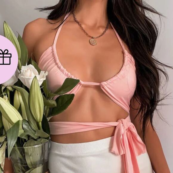 Beginning Boutique Tops - Beginning Boutique Niomi Wrap Tie Crop Top in Baby Pink